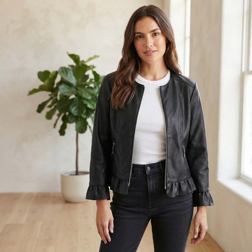 Roz & Ali Faux Leather Zip Front Ruffle Hem Jacket Black Size L